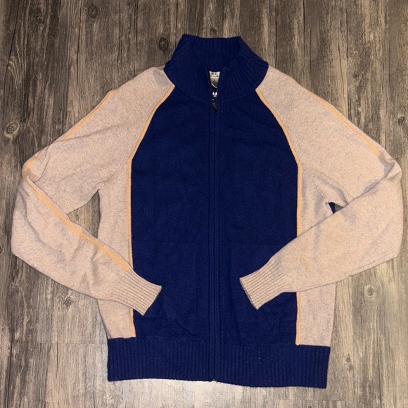 Qi100 cashmere Men's Navy and Beige Zip-Up Sweater small